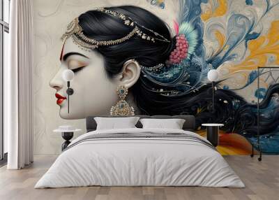 A beautifully illustrated profile of a woman adorned in traditional attire and jewelry. Wall mural