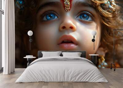 A close-up portrait of a child with striking blue eyes and traditional adornments. Wall mural