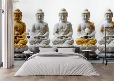 A collection of Buddha statues in various colors, symbolizing peace and spirituality. Wall mural