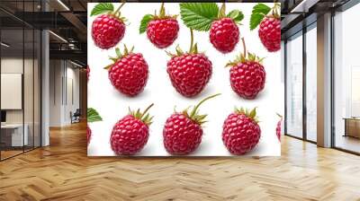 A collection of fresh raspberries arranged on a white background. Wall mural