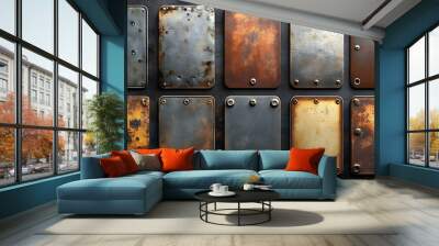 A collection of metallic plates with various textures and colors, showcasing wear and rust. Wall mural