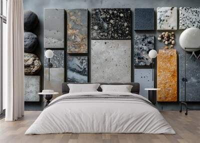 A collection of various stone and tile samples arranged for design and material selection. Wall mural