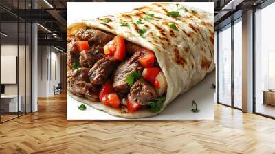 A delicious burrito filled with grilled meat and fresh vegetables, wrapped in a soft tortilla. Wall mural