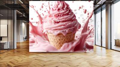 A delicious pink ice cream cone splashing in vibrant pink liquid. Wall mural