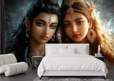 A detailed artistic representation of two divine figures adorned in traditional attire and jewelry. Wall mural