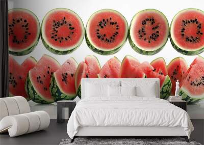 A display of sliced watermelon showcasing its vibrant red flesh and black seeds. Wall mural