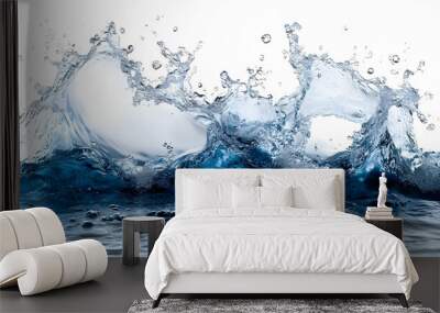 A dynamic splash of water with vibrant blue tones against a white background. Wall mural