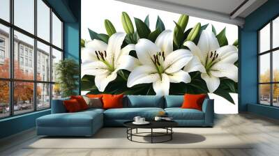 A floral arrangement featuring three white lilies surrounded by green leaves and buds. Wall mural