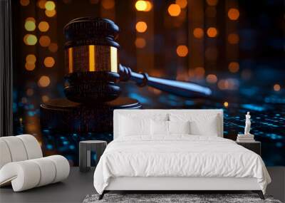 A gavel on a digital background, symbolizing justice and the legal system. Wall mural