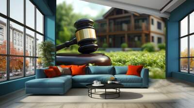 A gavel rests on greenery in front of a modern house, symbolizing law and real estate. Wall mural