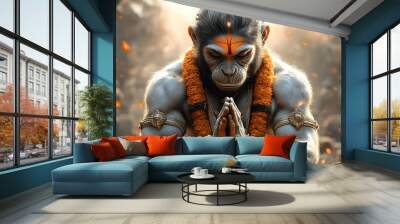 A majestic figure resembling a monkey deity in a spiritual pose, surrounded by an ancient backdrop. Wall mural