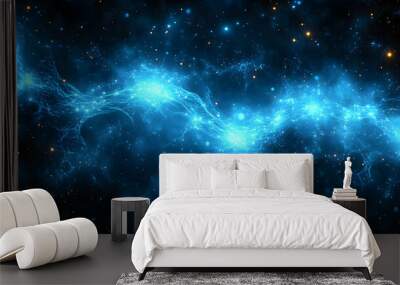 A mesmerizing cosmic scene with glowing blue particles and waves. Wall mural