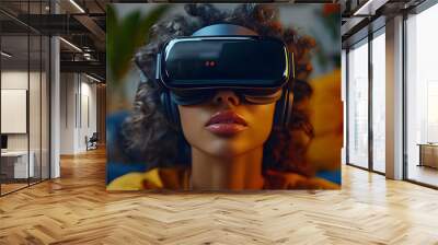 A person wearing virtual reality goggles, immersed in a digital experience at home. Wall mural