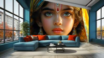 A portrait of a young girl with striking features and traditional attire. Wall mural