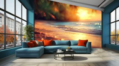 A serene beach scene at sunset with gentle waves and palm trees. Wall mural