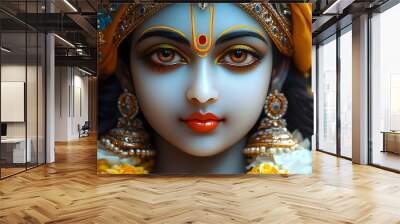 A serene depiction of a deity with intricate jewelry and vibrant attire. Wall mural