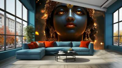 A serene figure with divine attributes, adorned with jewelry and glowing in a mystical setting. Wall mural