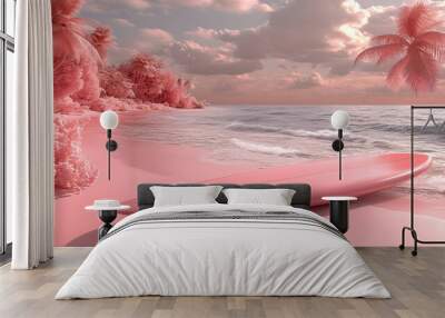 A serene pink beach scene with a surfboard and palm trees. Wall mural