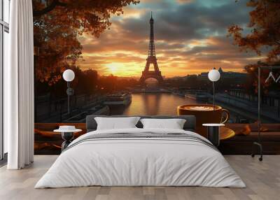 A serene sunset view of the Eiffel Tower with a coffee cup in the foreground. Wall mural