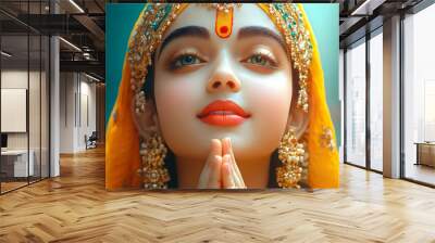 A serene young woman in traditional attire, praying with a peaceful expression. Wall mural