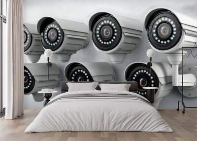 A series of surveillance cameras mounted on a wall for security monitoring. Wall mural