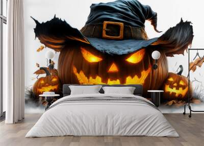 A spooky Halloween scene featuring a grinning pumpkin with a witch's hat and glowing eyes. Wall mural