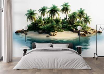 A tropical island with palm trees, sandy beach, and clear water, evoking relaxation and escape. Wall mural