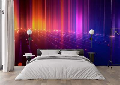 A vibrant abstract design with colorful vertical lines and glowing dots. Wall mural