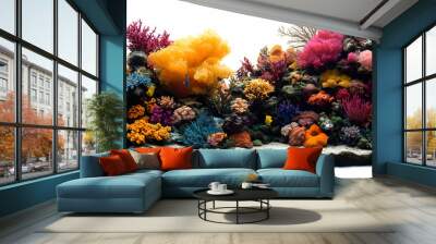 A vibrant coral reef scene showcasing diverse marine life and colorful corals. Wall mural