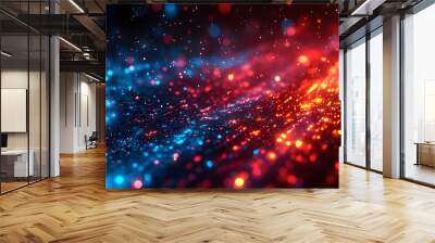 A vibrant digital abstract with blue and red particles creating a dynamic visual effect. Wall mural