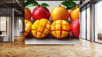 A vibrant display of whole and sliced mangoes with droplets, showcasing freshness. Wall mural