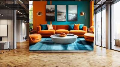 A vibrant living room featuring orange and teal decor with modern furniture and artwork. Wall mural