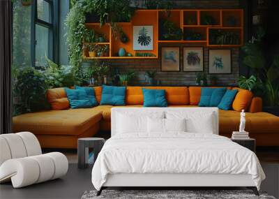 A vibrant living room with an orange sectional sofa and lush indoor plants. Wall mural