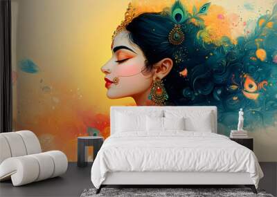 A vibrant portrait of a woman with intricate jewelry and flowing hair, symbolizing beauty. Wall mural