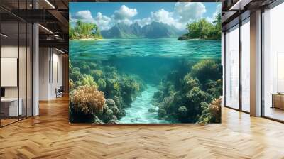 A vibrant underwater coral reef scene with lush tropical landscape above water. Wall mural