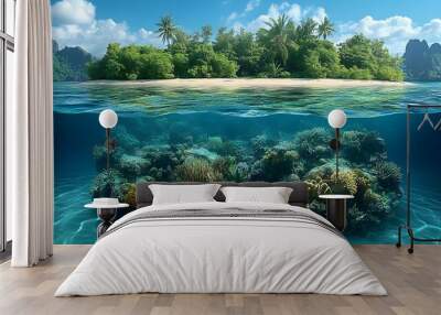 A vibrant underwater scene showcasing coral reefs beneath a tropical island. Wall mural