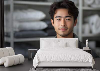 A young man smiling in a modern indoor setting with textiles. Wall mural