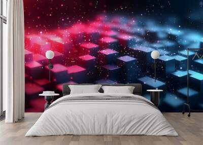 Abstract digital landscape with glowing cubes and particles in blue and red hues. Wall mural