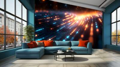 Abstract digital landscape with glowing particles in blue and orange hues. Wall mural