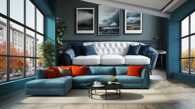 Blue and White Living Room with Stunning Landscape Pictures Wall mural