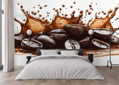 Coffee beans splashing in liquid, showcasing a dynamic and rich coffee experience. Wall mural