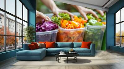 Colorful vegetables being prepared in containers for healthy meals. Wall mural