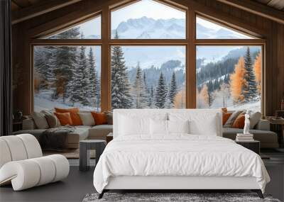 Cozy living room with mountain view in a winter setting. Wall mural