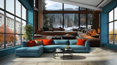 Cozy modern living room with large windows showcasing a snowy mountain landscape. Wall mural