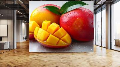 Fresh mangoes with droplets, showcasing vibrant colors and juicy texture. Wall mural