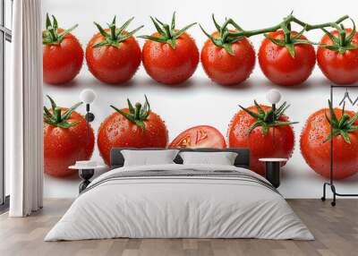 Fresh red tomatoes arranged in a row, with one sliced open to showcase its interior. Wall mural