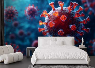 Microscopic view of a virus with spikes in a blue environment. Wall mural