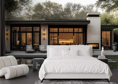 Modern home with large windows, outdoor seating, and a pool, blending luxury and nature. Wall mural