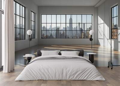 Modern interior with large windows showcasing a city skyline. Wall mural