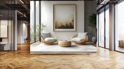 Modern interior with two chairs, a round table, and a large artwork, creating a serene space. Wall mural